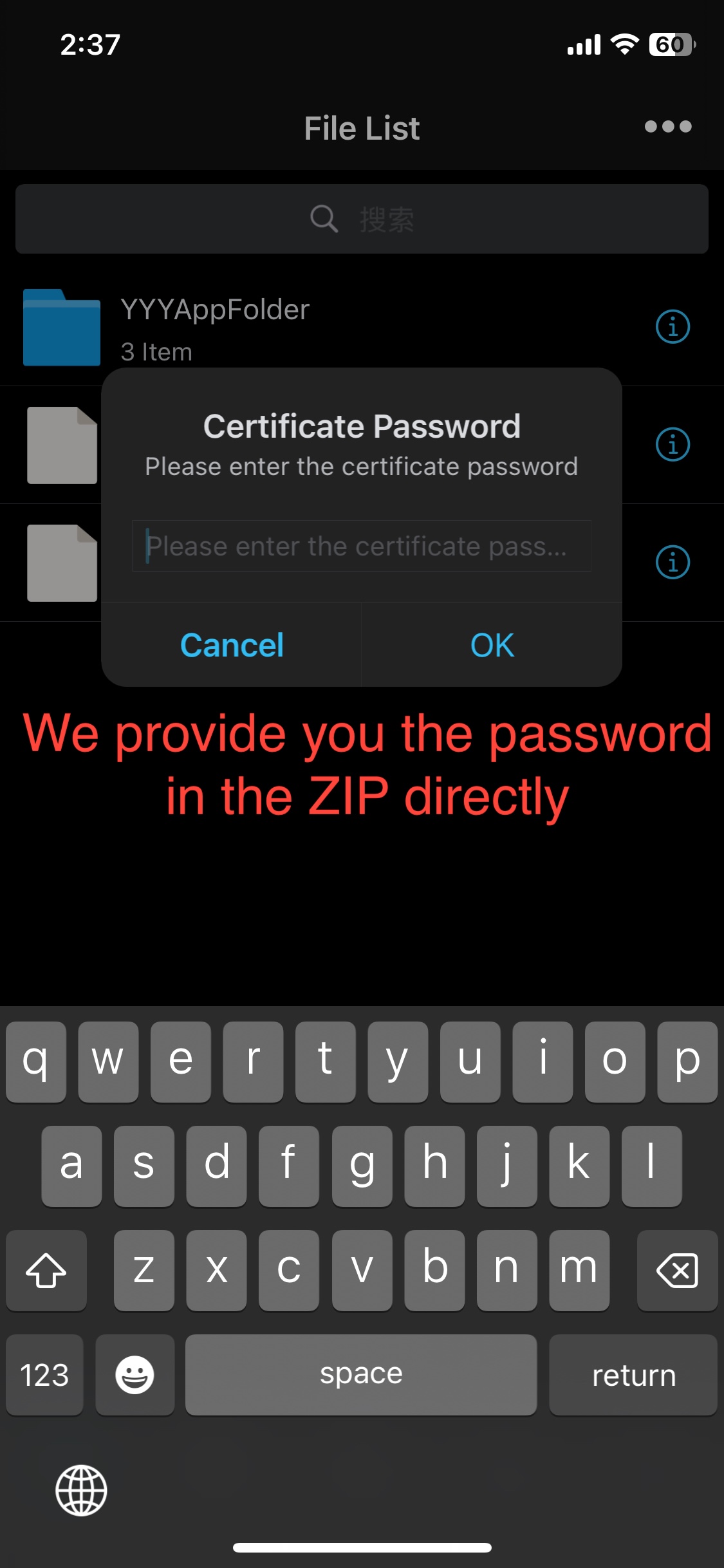 Enter Certificate Password