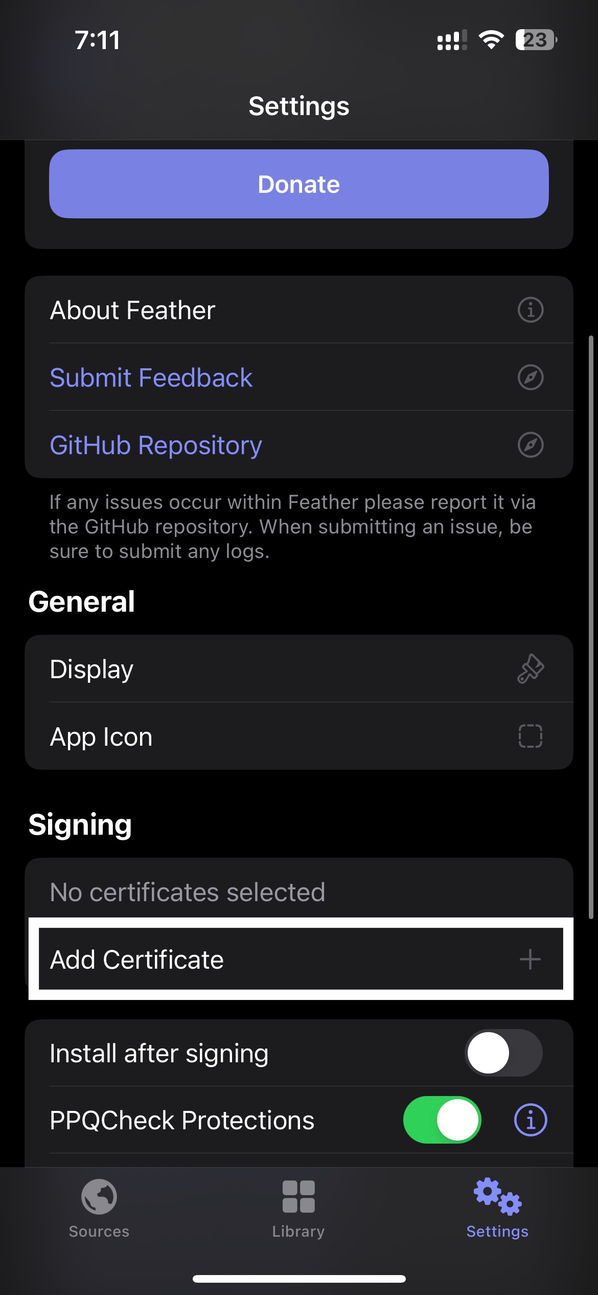 Feather Settings Screen
