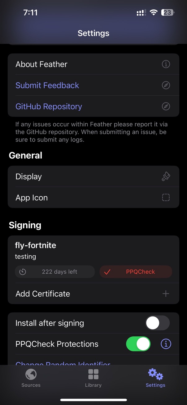 Feather Settings Screen