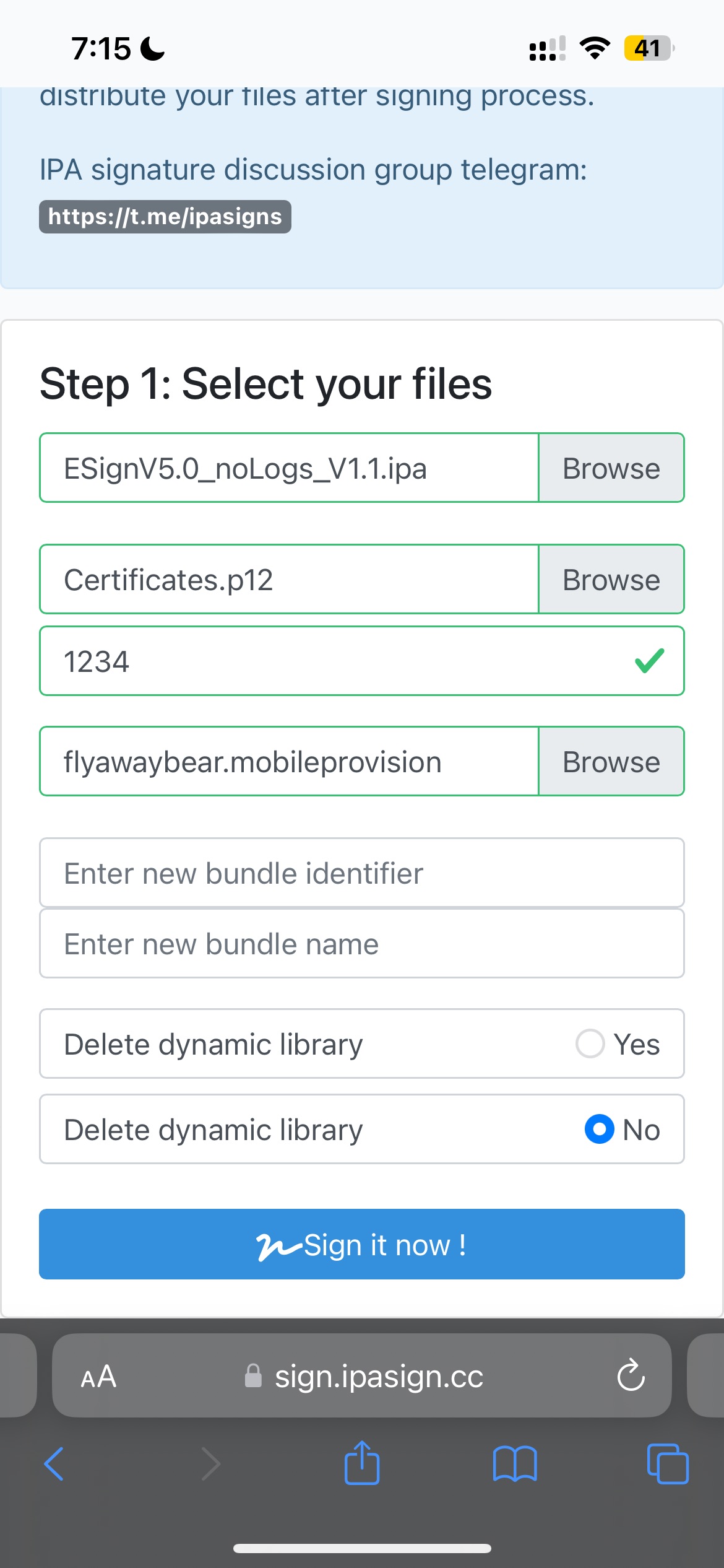ipasign Settings Screen