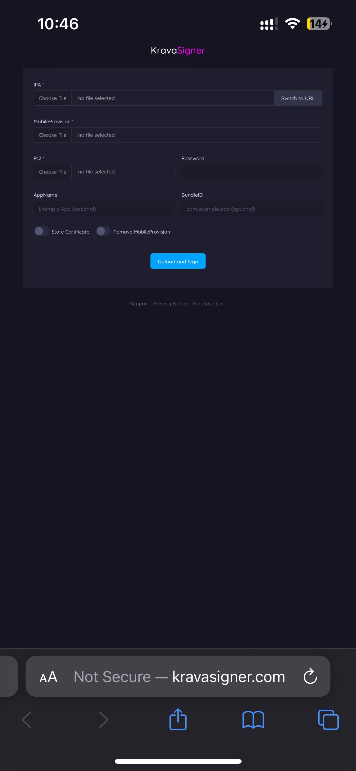 Kravasigner Home Screen